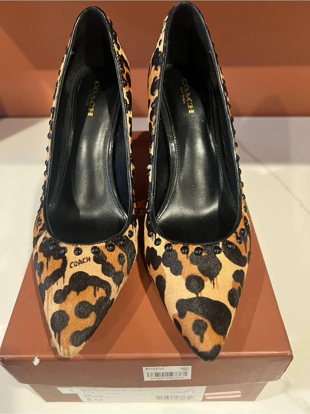 Coach Leopard-Print Pointed Toe Pumps - Black & Tan